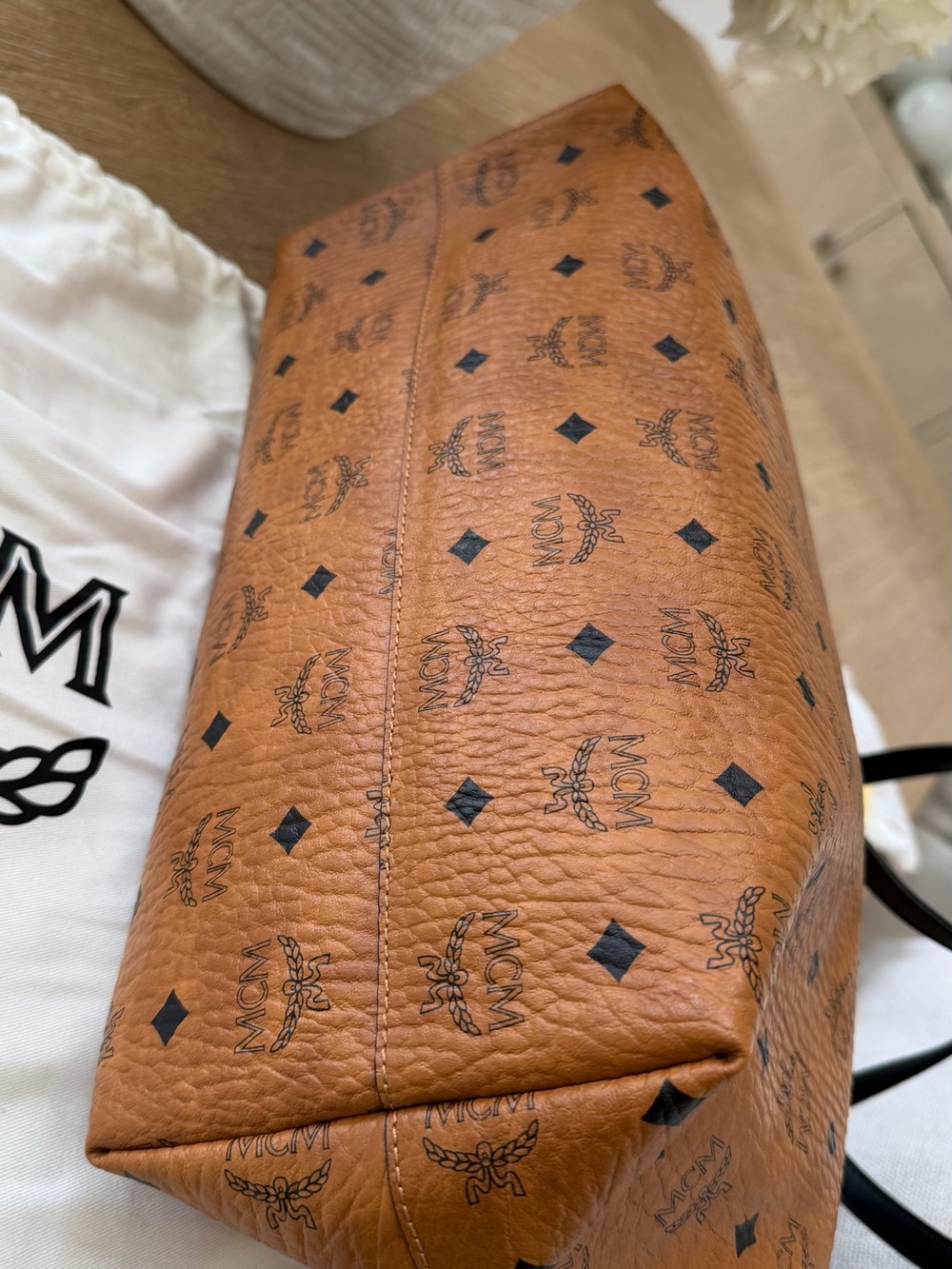 MCM Cognac Visetos Tote with Black Trim and Handles - Picture 5 of 8